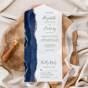 Modern Navy Blue Silver Agate Wedding All In One Invitation
