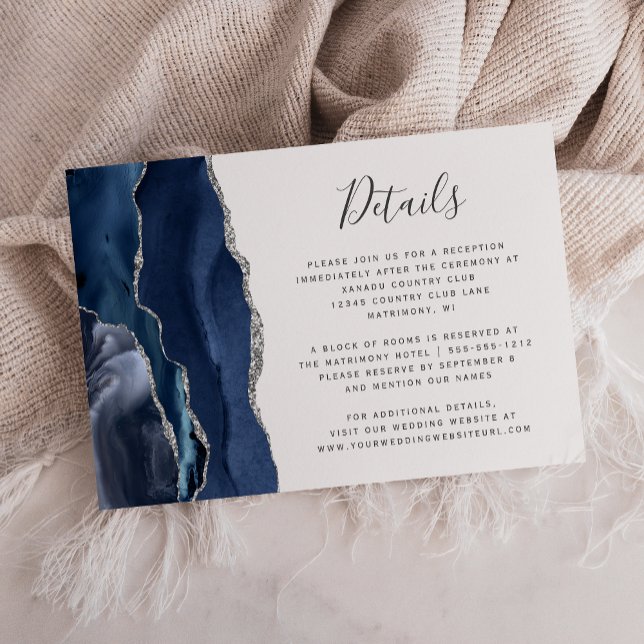 Modern Navy Blue Silver Agate Wedding Details Enclosure Card (Creator Uploaded)