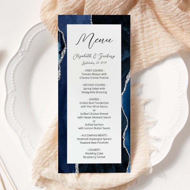 Modern Navy Blue Silver Agate Wedding Menu (Creator Uploaded)
