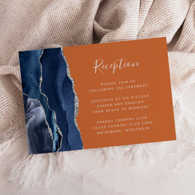 Modern Navy Blue Silver Agate Wedding Reception Enclosure Card (Creator Uploaded)