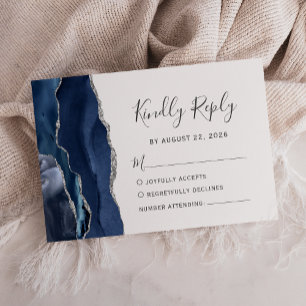 Modern Navy Blue Silver Agate Wedding RSVP Card