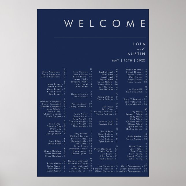 Modern Navy Blue | Silver Alphabetical Seating Poster (Front)