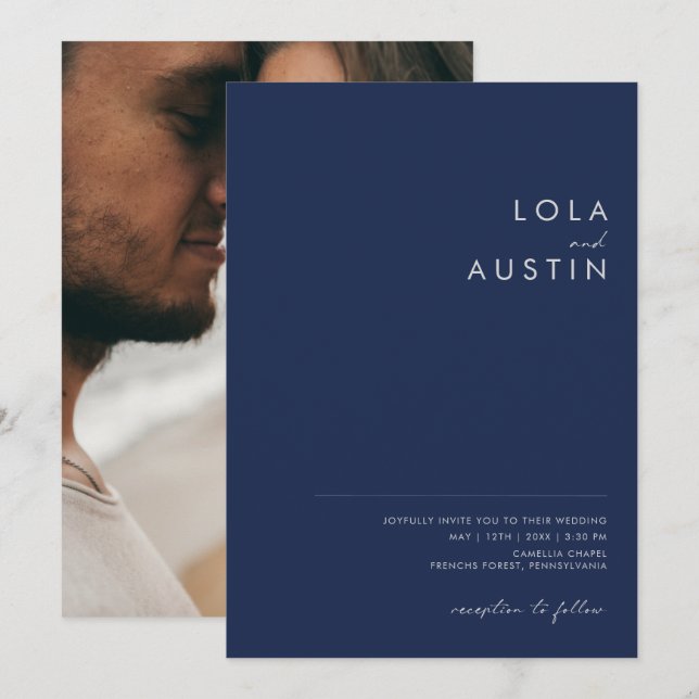 Modern Navy Blue Silver Casual Photo Wedding Invitation (Front/Back)