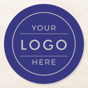 Modern Navy Blue Silver Custom Business Logo Round Paper Coaster