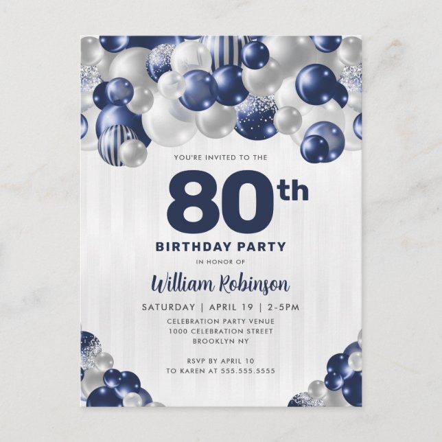 Modern Navy Blue Silver Glitter Balloon Birthday Postcard (Front)