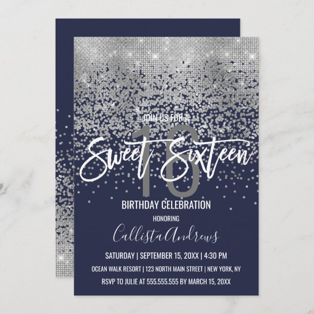 Modern Navy Blue Silver Glitter Confetti Sweet 16 Invitation (Front/Back)