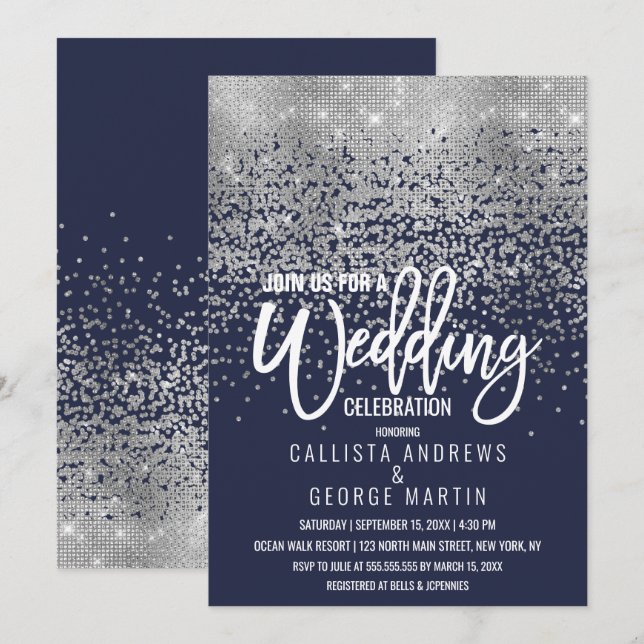 Modern Navy Blue Silver Glitter Confetti Wedding Invitation (Front/Back)