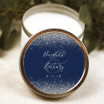 Modern Navy Blue Silver Glitter Edge Wedding Classic Round Sticker<br><div class="desc">This elegant modern wedding sticker features a faux silver glitter design on the top and bottom edge. Easily customise the silver grey text on a navy blue background,  with the names of the couple in silver grey handwriting calligraphy over a large ampersand.</div>