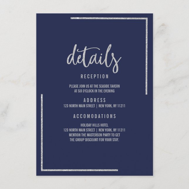 Modern navy blue silver glitter trendy enclosure c card (Front)