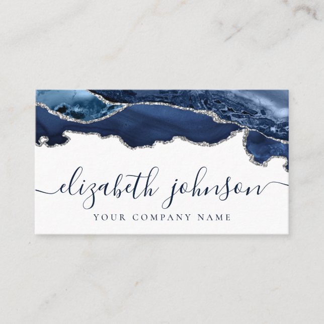 Modern Navy Blue Silver Grey Glitter Agate Marble Business Card (Front)