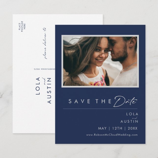 Modern Navy Blue Silver Photo Save The Date Invitation Postcard (Front/Back)