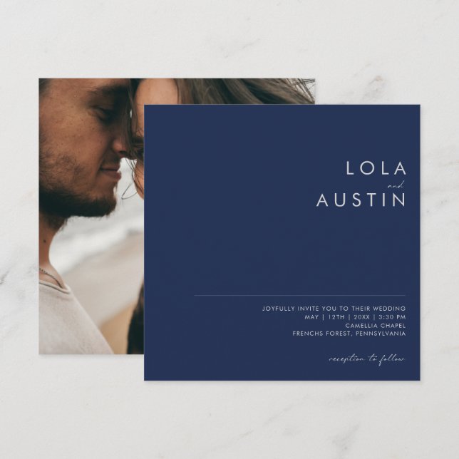Modern Navy Blue | Silver Photo Square Wedding Invitation (Front/Back)
