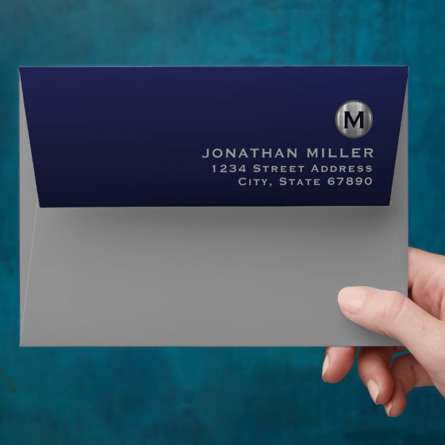 Modern Navy Blue Silver Return Address Envelope (Hand)