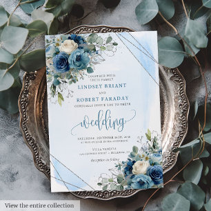 Modern Navy Blue Silver Roses Wedding Invitation