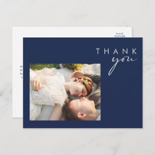 Modern Navy Blue   Silver Script Photo Thank You Postcard