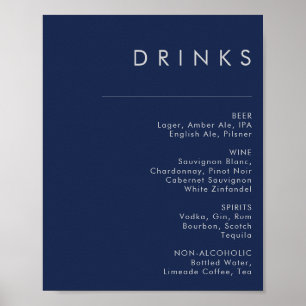 Modern Navy Blue Silver Wedding Drinks Menu Poster