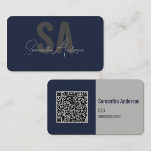 Modern Navy Blue & Silver with QR code Business Card