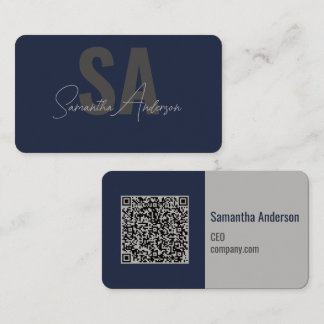 Modern Navy Blue & Silver with QR code |  Business Card