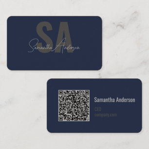 Modern Navy Blue & Silver with QR code Business Card