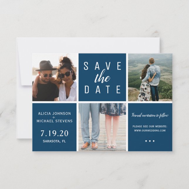 Modern navy blue simple 3 photo collage wedding save the date (Front)