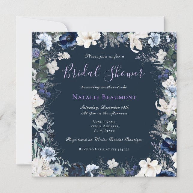Modern Navy Blue Square Floral Bridal Shower Invitation (Front)