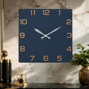 Modern Navy Blue Square Minimalist Rose Gold Wall Clock