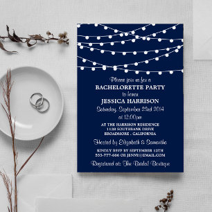 Modern Navy Blue String Lights Bachelorette Party Invitation