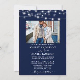 Modern Navy Blue String Lights Photo Wedding Invitation