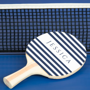 Modern Navy Blue Striped Custom Name  Ping Pong Paddle