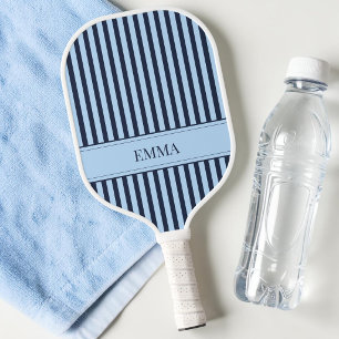 Modern Navy Blue Striped Cute Preppy Simple Name Pickleball Paddle