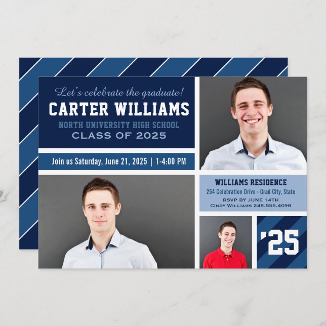Modern Navy Blue Striped Graduation Photo Collage Invitation (Front/Back)