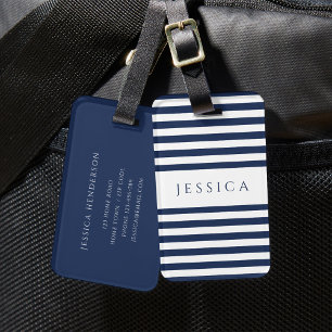 Modern Navy Blue Striped Pattern Luggage Tag