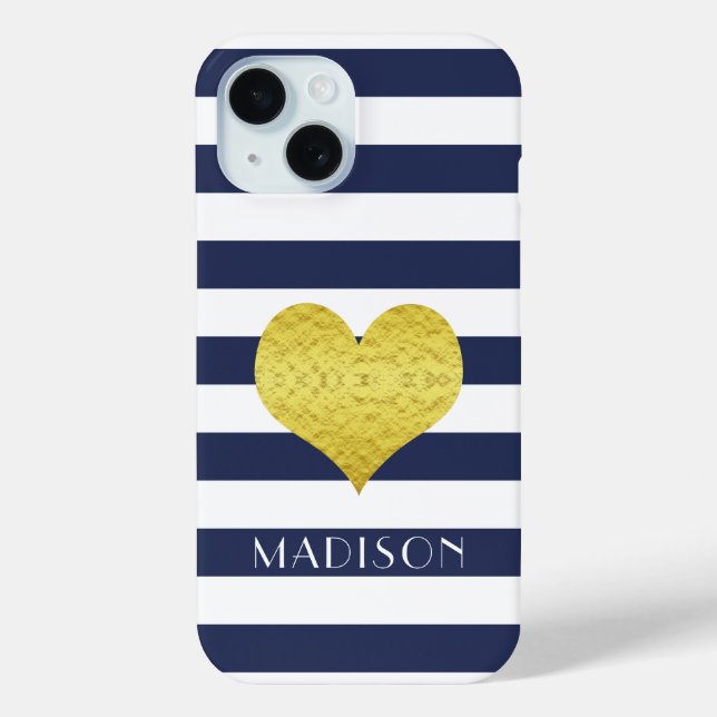 Modern Navy Blue Stripes Gold Heart Name Case-Mate iPhone Case (Back)