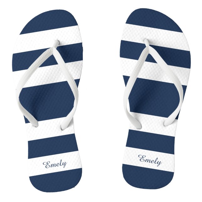 Modern Navy Blue Stripes Name Flip Flops (Footbed)