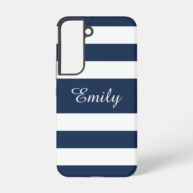 Modern Navy Blue Stripes Name Samsung Galaxy S22 Case (Back)