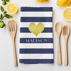 Modern Navy Blue Stripes Name Tea Towel