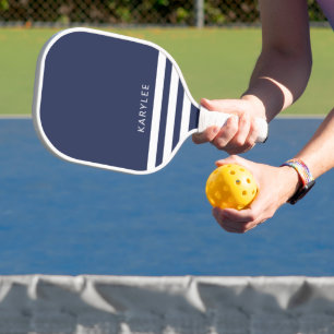 Modern Navy Blue Stripes Personalised Pickleball Paddle