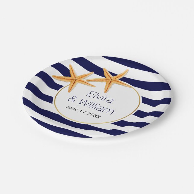 Modern navy blue stripes, starfish beach wedding paper plate (Angled)