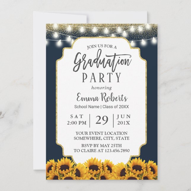 Modern Navy Blue Sunflower Floral Graduation Party Invitation (Front)