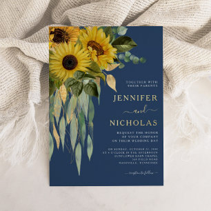 Modern Navy Blue Sunflower Wedding Gold Foil Foil
