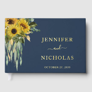 Modern Navy Blue Sunflower Wedding Gold Guest Book