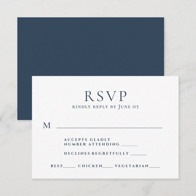 Modern Navy Blue Text Meal Choice Wedding RSVP Card (Front/Back)