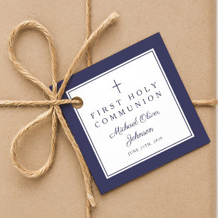 Modern Navy Blue Thank You Boy First Communion Favour Tags
