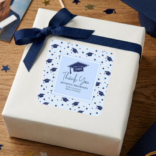 Modern Navy Blue Thank You Graduation Name Square Sticker