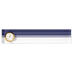 Modern Navy Blue Top Racing Stripes On White Clock Nameplate