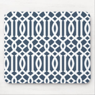 Modern Navy Blue Trellis Pattern Mouse Mat