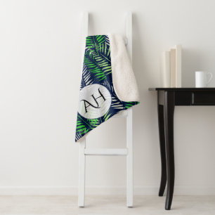 Modern Navy Blue Tropical Pattern Greenery Leaves Sherpa Blanket