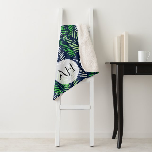 Modern Navy Blue Tropical Pattern Greenery Leaves Sherpa Blanket (In Situ)
