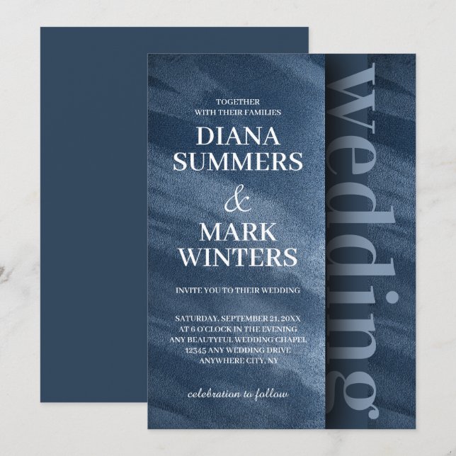 Modern navy blue velvet wedding invitation (Front/Back)