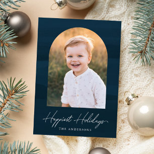 Modern Navy Blue Watercolor Arch Photo Holiday Card